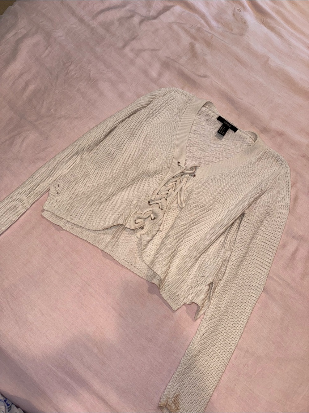 Forever 21 Cream Lace-Up V-Neck Knit Top